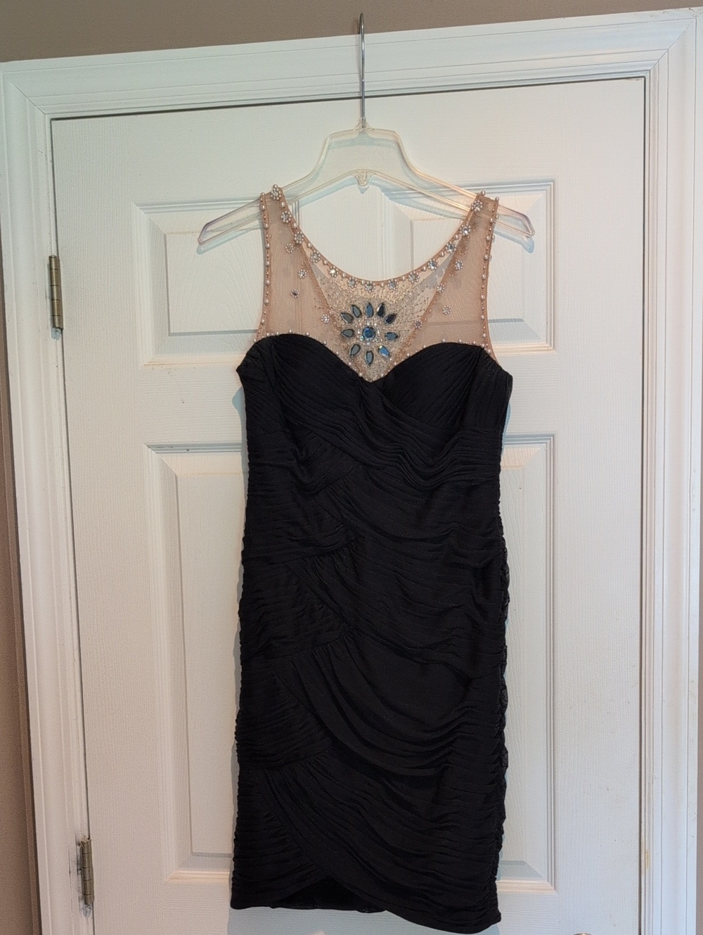 Adrianna Papell Black Ruched Midi Dress with Nude Illusion Jeweled Neckline